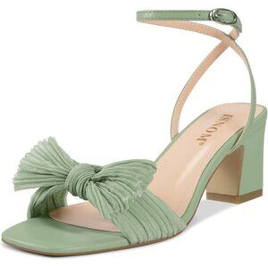 Women's Light Green Bow Knot Ankle Buckle Strap Open Toe Chunky Heeled Sandals